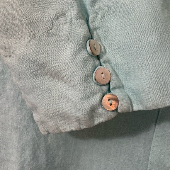 100%linen aqua blue ruffle button up tunic. 3/4 sleeve,  split hem. - Picture 7 of 16